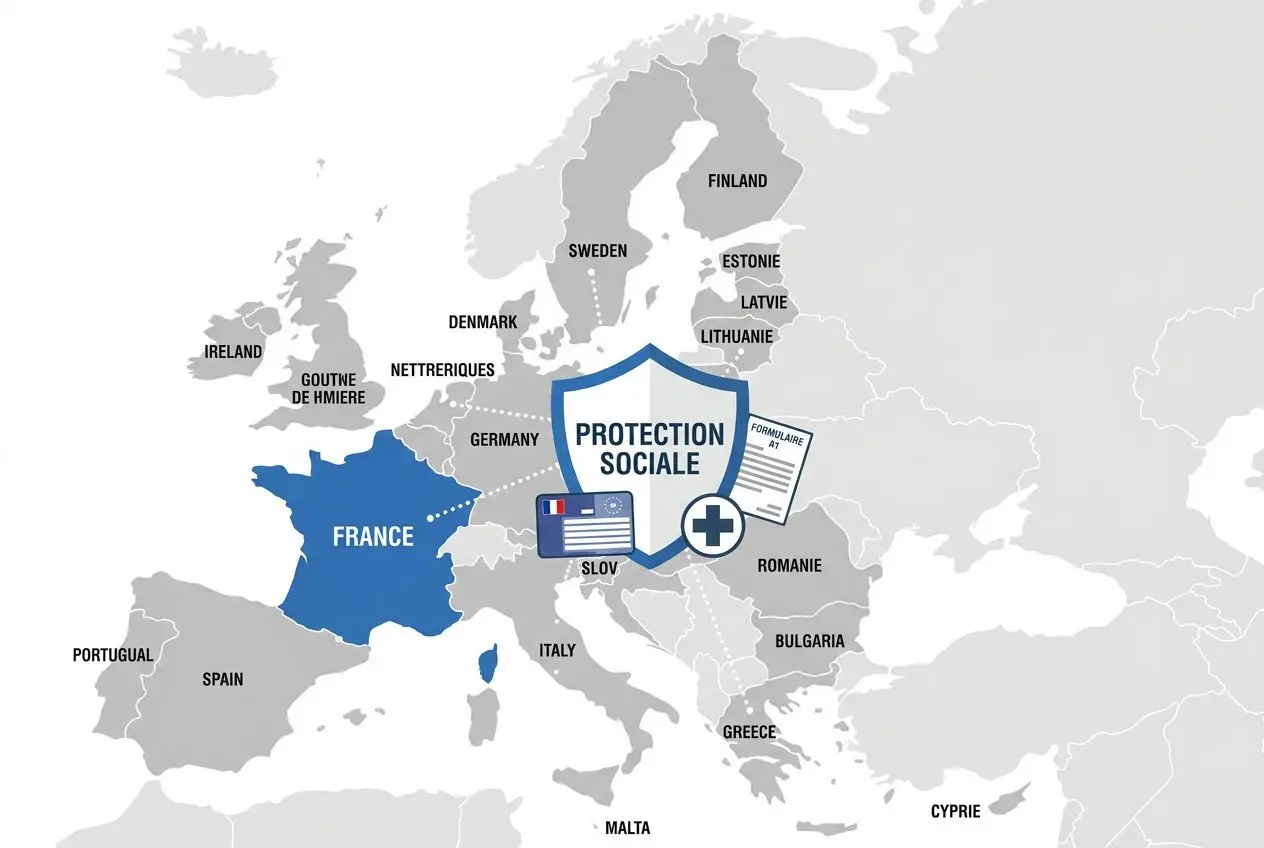 Carte de l’Union européenne montrant la France en avant-plan et un logo “Protection Sociale” avec documents, illustrant les charges sociales travailleur détaché en France