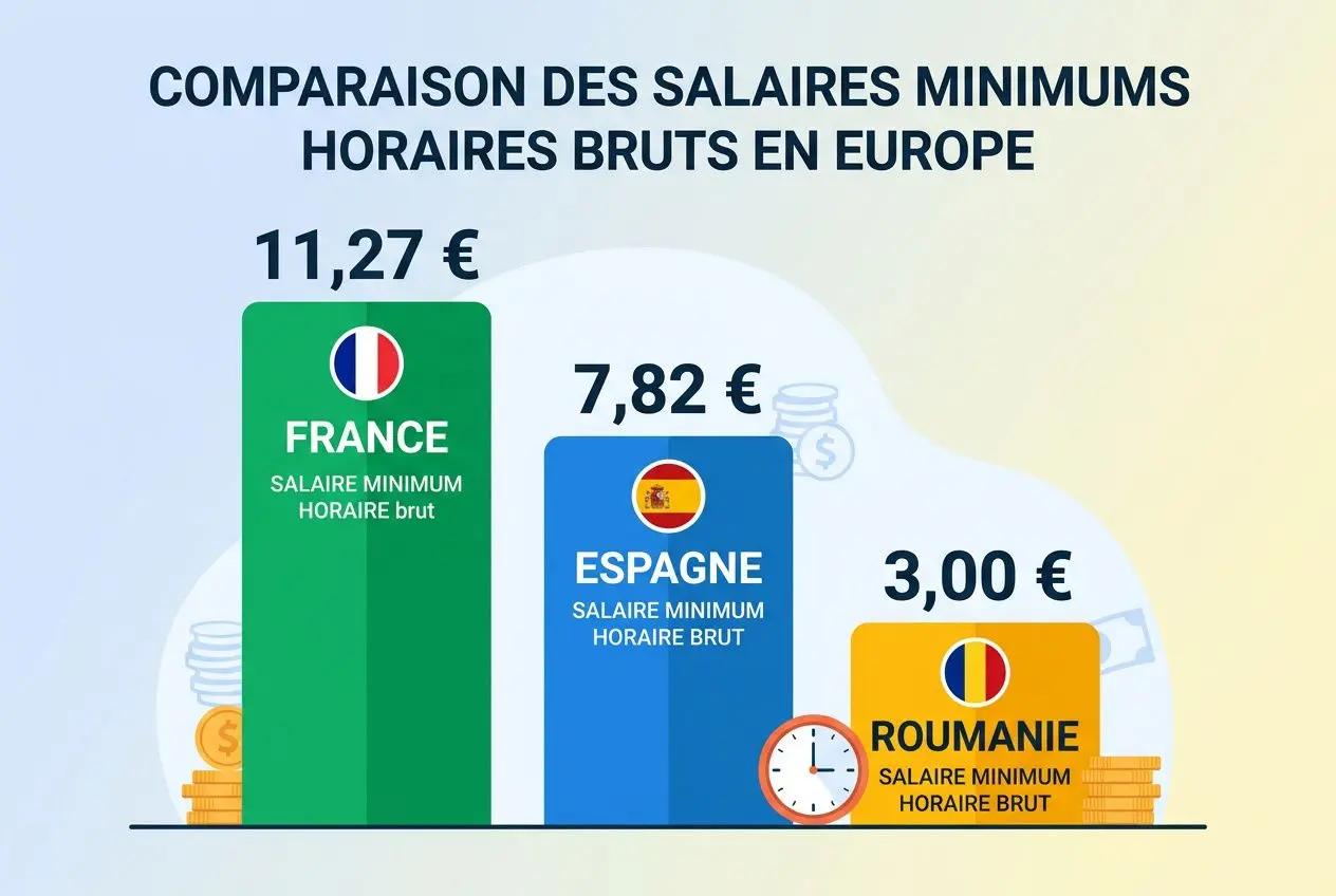 Comparaison des salaires minima horaires bruts en Europe avec France à 11,27 €, Espagne 7,82 € et Roumanie 3,00 €, illustration des chiffres du salaire minimum travailleur détaché france.