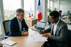 Deux hommes en rendez-vous professionnel signent des documents près d’un ordinateur dans un bureau avec drapeaux France et États-Unis en arrière-plan. durée maximale détachement travailleur intégrée: non directement visible mais lié au contexte.