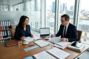 Deux professionnels en réunion d’affaires, planifiant des documents juridiques sur une grande table avec dossiers et ordinateurs. intégration: obligations employeur salariés détachés.