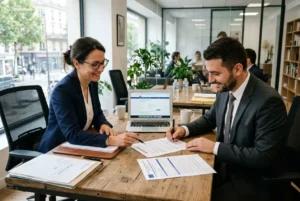Deux professionnels en réunion signent des documents, sur fond de bureau lumineux et laptop ouvert, évoquant les charges sociales travailleur détaché en france.