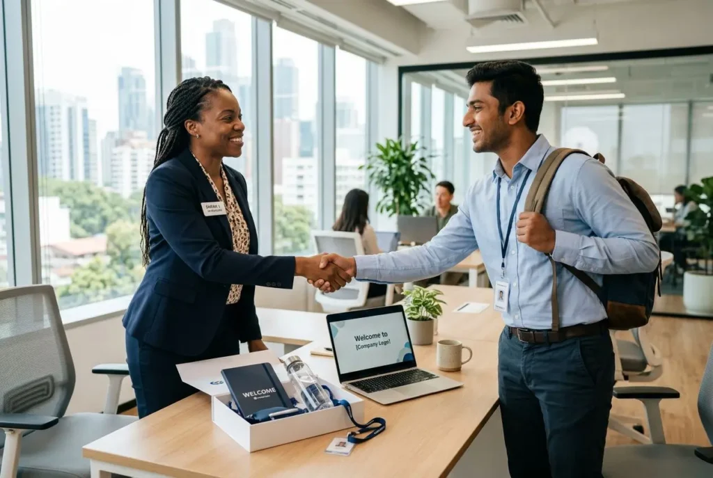 Deux professionnels se serrant la main dans un bureau moderne, bienvenue affichée sur un écran et matériel d’accueil sur une table, illustration de l’intégration d’un nouveau salarié.