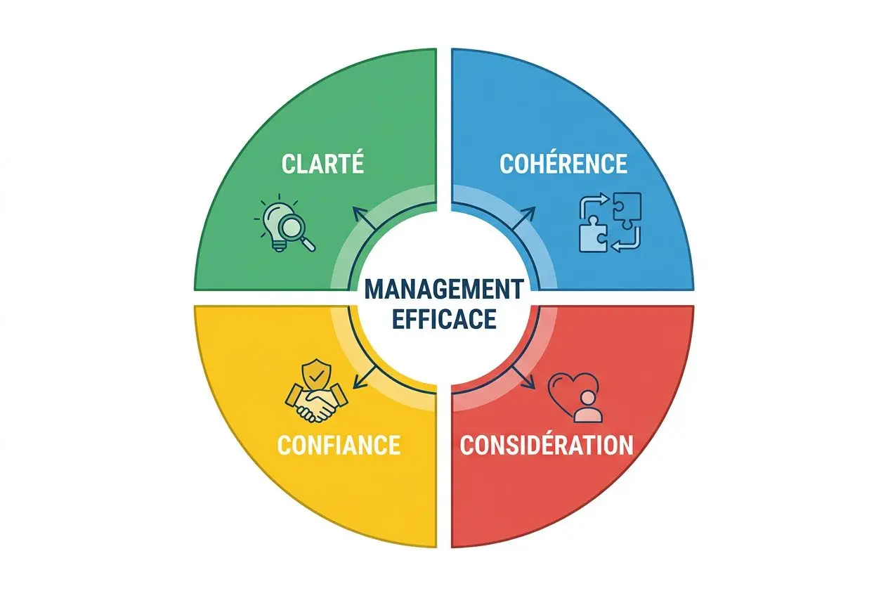 Diagramme circulaire sur la gestion efficace: clairté, cohérence, confiance et considération pour gérer équipe mixte détachés.