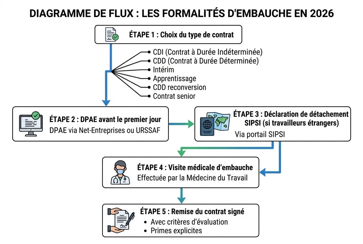 Diagramme de flux illustrant les formalités d’embauche en 2026, étapes allant du choix de contrat à la remise du contrat signé, avec visites médicales et déclaration de détachement. Inclut les voies DPAE et SIPSI.