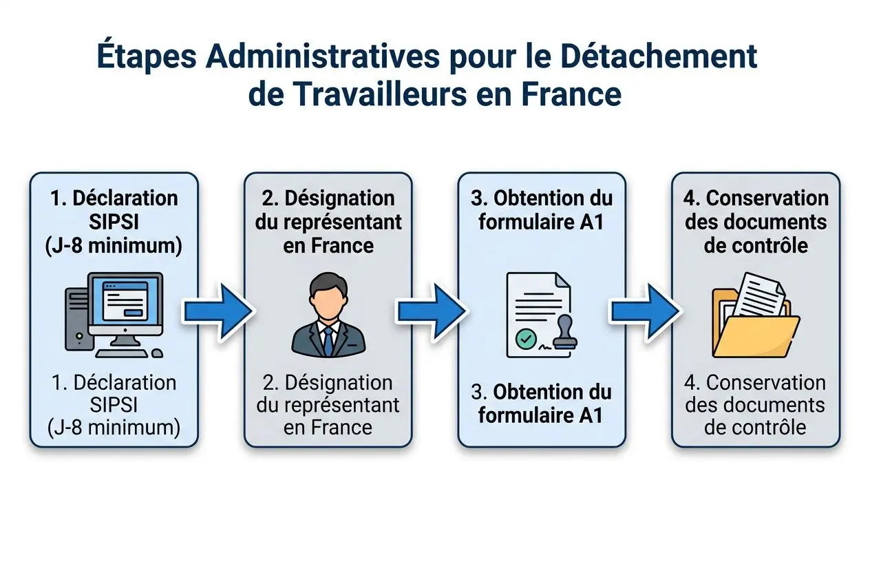 Diagramme illustrant les étapes administratives du détachement de travailleurs en France, avec flux: déclaration SIPSI, désignation du représentant en France, obtention du formulaire A1 et conservation des documents de contrôle. Intègre implicitement les charges sociales travailleur détaché en france.