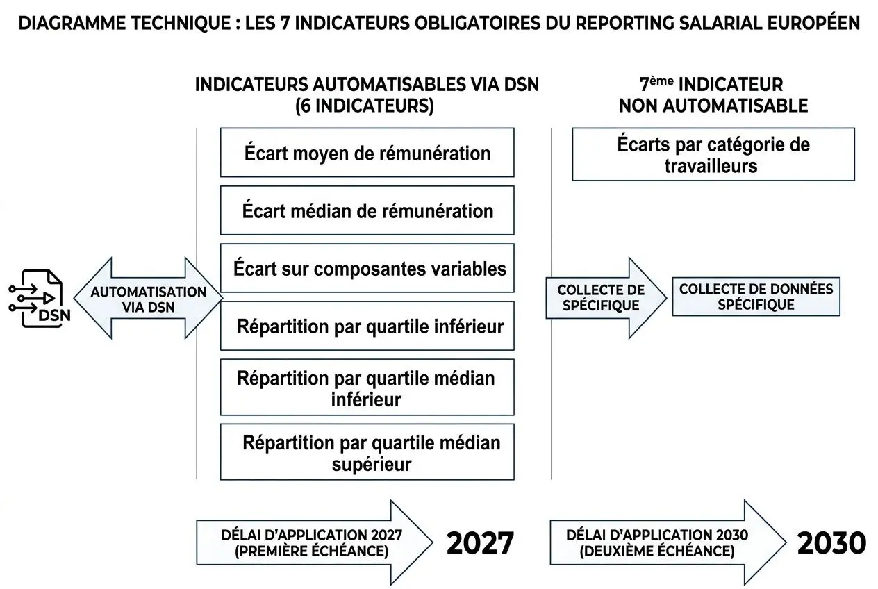 Diagramme technique: indicateurs obligatoires du reporting salarial européen, montrant automation DSN et répartition des écarts (moyen, médian, quartiles) avec délais 2027 et 2030. Intègre transparence des salaires directive européenne.