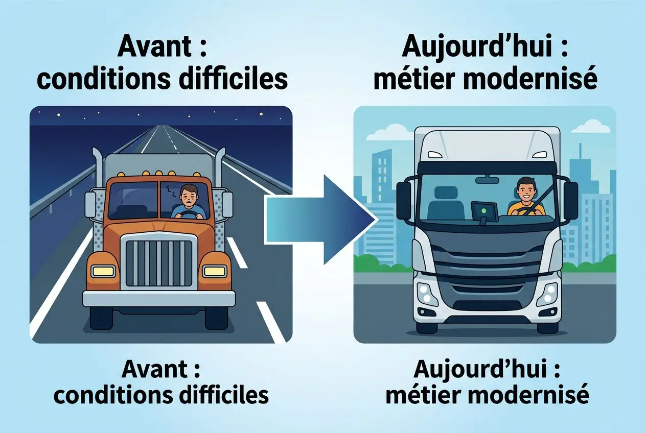 Illustration montrant l’évolution du métier: “Avant: conditions difficiles” avec un camion ancien sur une route, et “Aujourd’hui: métier modernisé” avec un camion moderne en milieu urbain. Inclut le thème de la pénurie chauffeur poids lourd france.