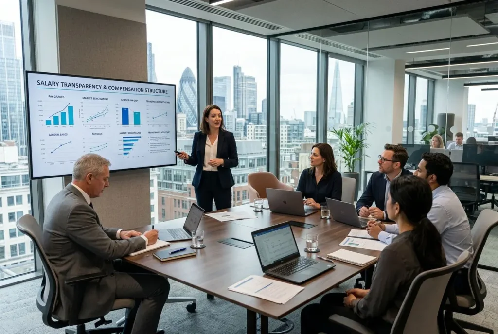 Présentation en réunion d’affaires sur la transparence des salaires et la transparence salariale, avec graphiques sur écran et participants autour d’une table.