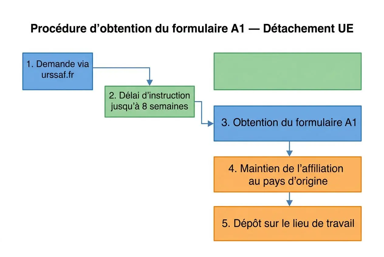 Procédure d’obtention du formulaire A1, Détachement UE, schéma étape par étape montrant demande via urssaf.fr, délai d’instruction, obtention du formulaire, maintien de l’affiliation au pays d’origine et dépôt sur le lieu de travail. Includes callout de obligations employeur salariés détachés.