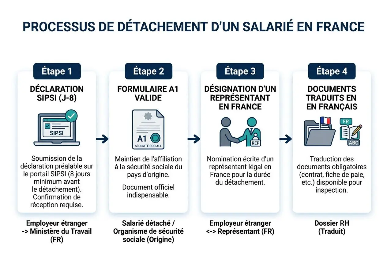 Processus de détachement d’un salarié en France, étape par étape, pour le salaire minimum travailleur détaché france et la rémunération.