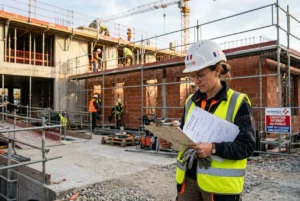 Rapporteur sur chantier en gilet jaune et casque, consultant lit un dossier au milieu de la construction, avec une foule de travailleurs en arrière-plan. salaire minimum travailleur détaché france est évoqué.