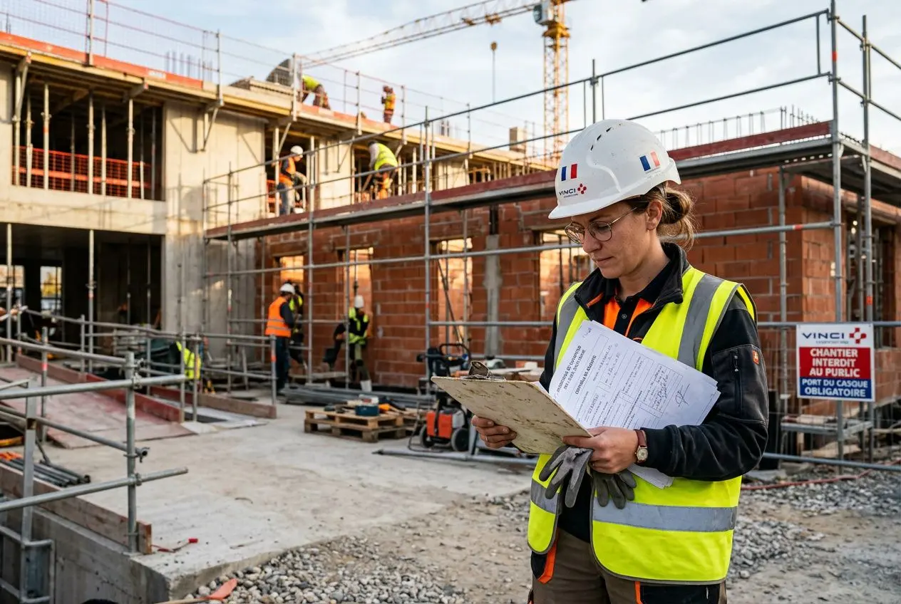 Rapporteur sur chantier en gilet jaune et casque, consultant lit un dossier au milieu de la construction, avec une foule de travailleurs en arrière-plan. salaire minimum travailleur détaché france est évoqué.