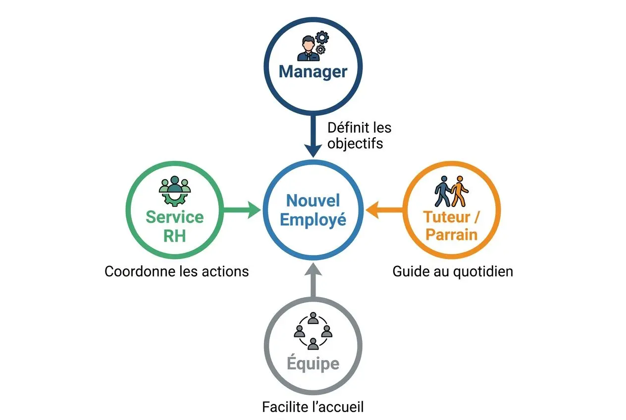 Schéma illustrant l’« intégration d'un nouveau salarié »: le nouveau salarié entouré par le manager, l’équipe, le service RH et le tuteur/parrain, chacun apportant coopération et guidage.