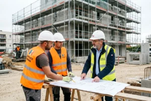 Trois travailleurs portant gilets de sécurité et casques sur un chantier supervisent des plans, bâtiment en construction en arrière-plan. travailleur détaché roumain france