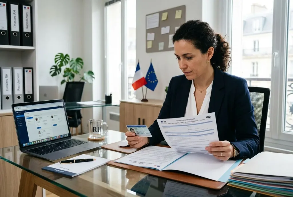 Agent administratif en réunion: vérifie des documents et une carte d’identité devant un ordinateur, drapeaux France et UE en arrière-plan, ambiance bureau. Comment embaucher intérimaire roumain intégré naturellement.