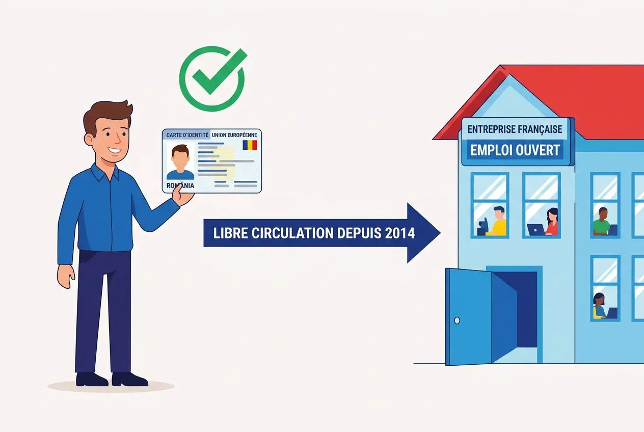 Autorisation de travail pour un roumain en france : illustration d’un employé présentant une carte d’identité, signe “libre circulation depuis 2014” vers une entreprise ouverte.