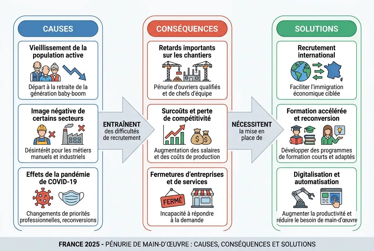 Causes, conséquences et solutions de la pénurie de main-d’œuvre en 2025-2026, avec icônes et flèches.