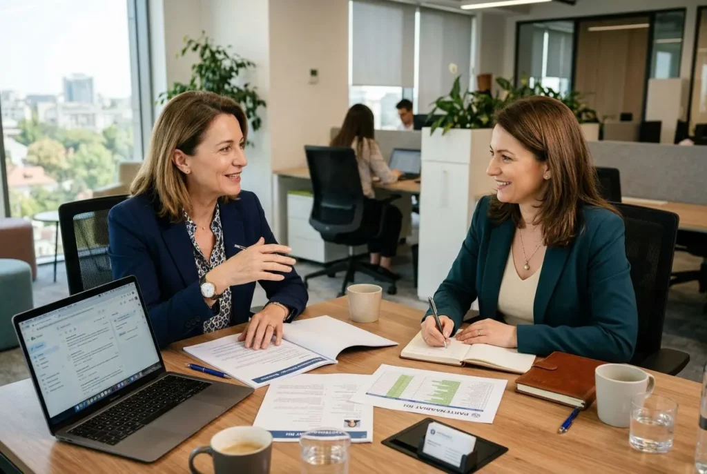 Deux femmes en réunion dans un bureau moderne discutent, avec documents et ordinateur portable sur la table. Inclut l’élément agence intérim franco roumaine.