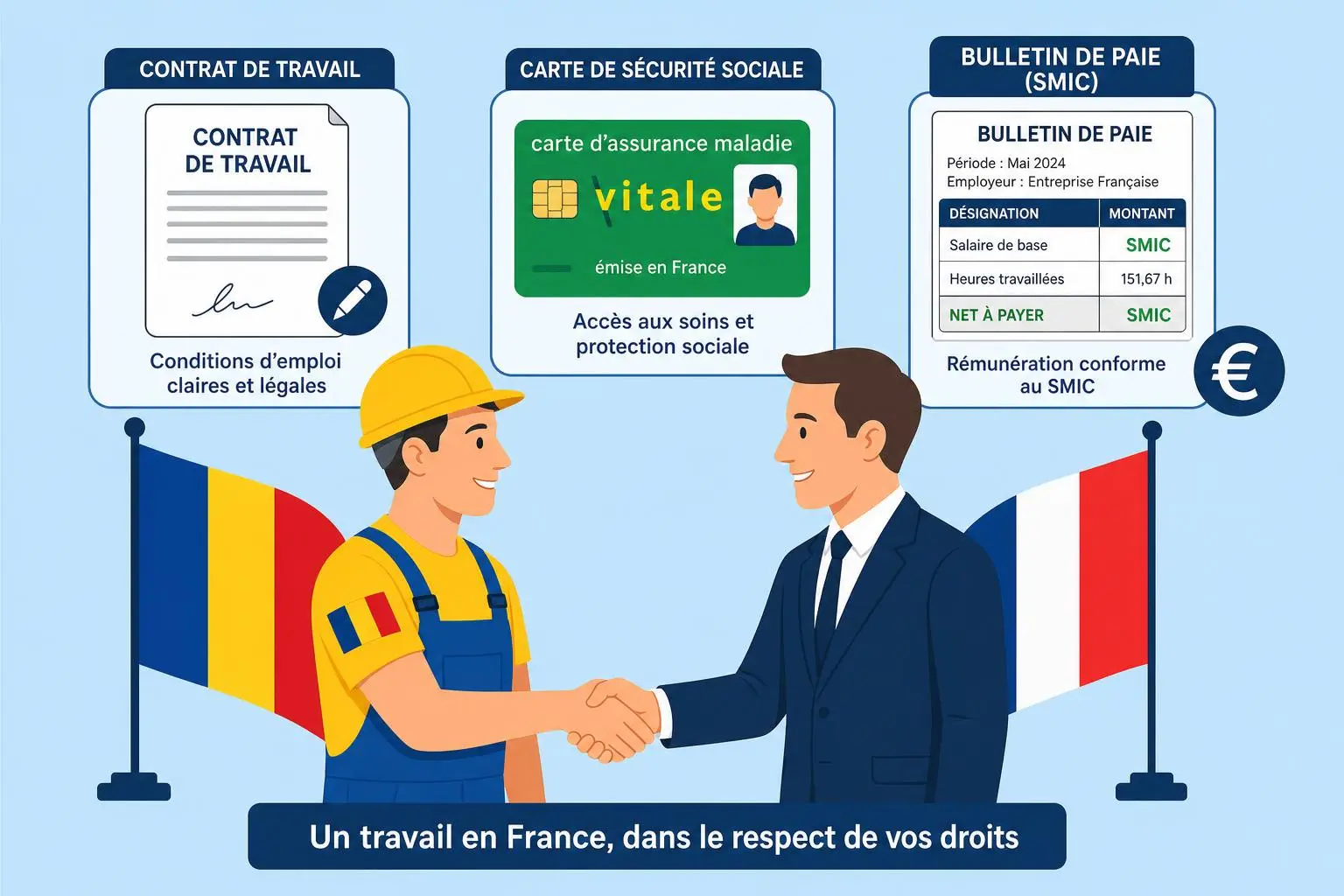 Deux personnages se serrent la main devant les drapeaux, avec documents sur le travail, la sécurité sociale et le salaire, illustrant les droits des roumains en france.