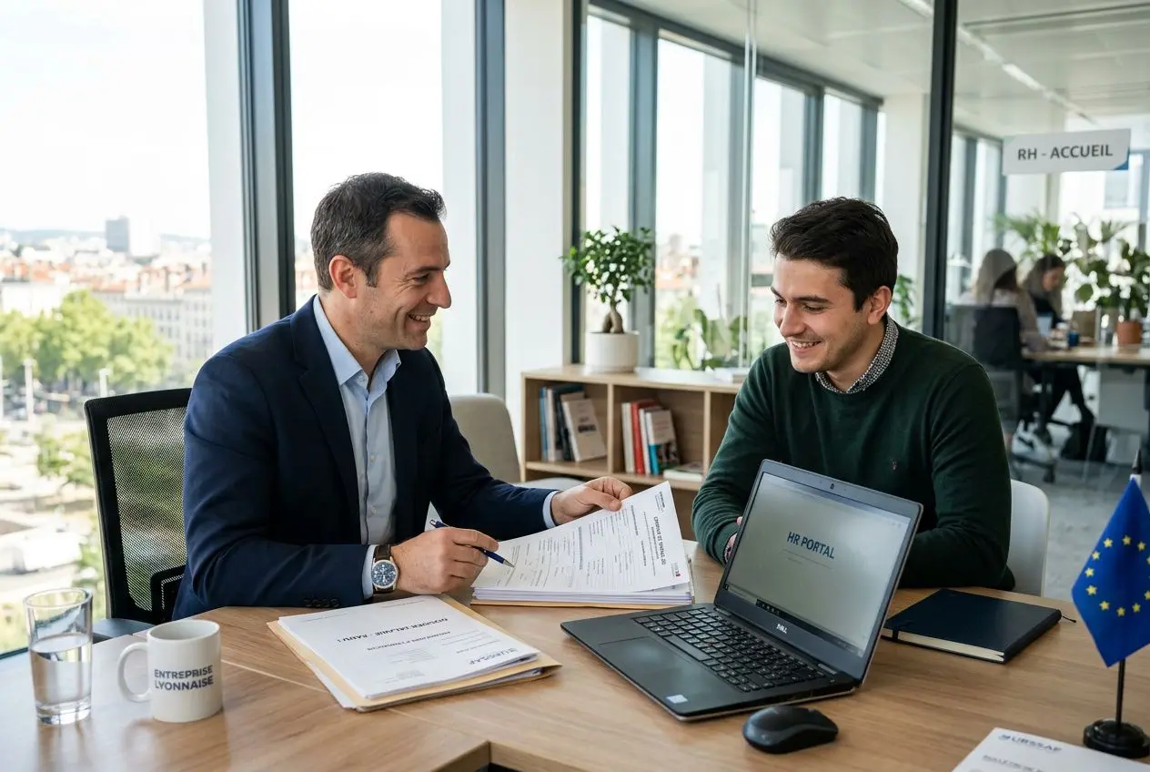 Deux professionnels discutent et examinent des documents sur une table, en face d’un ordinateur portable et d’un mini drapeau européen.