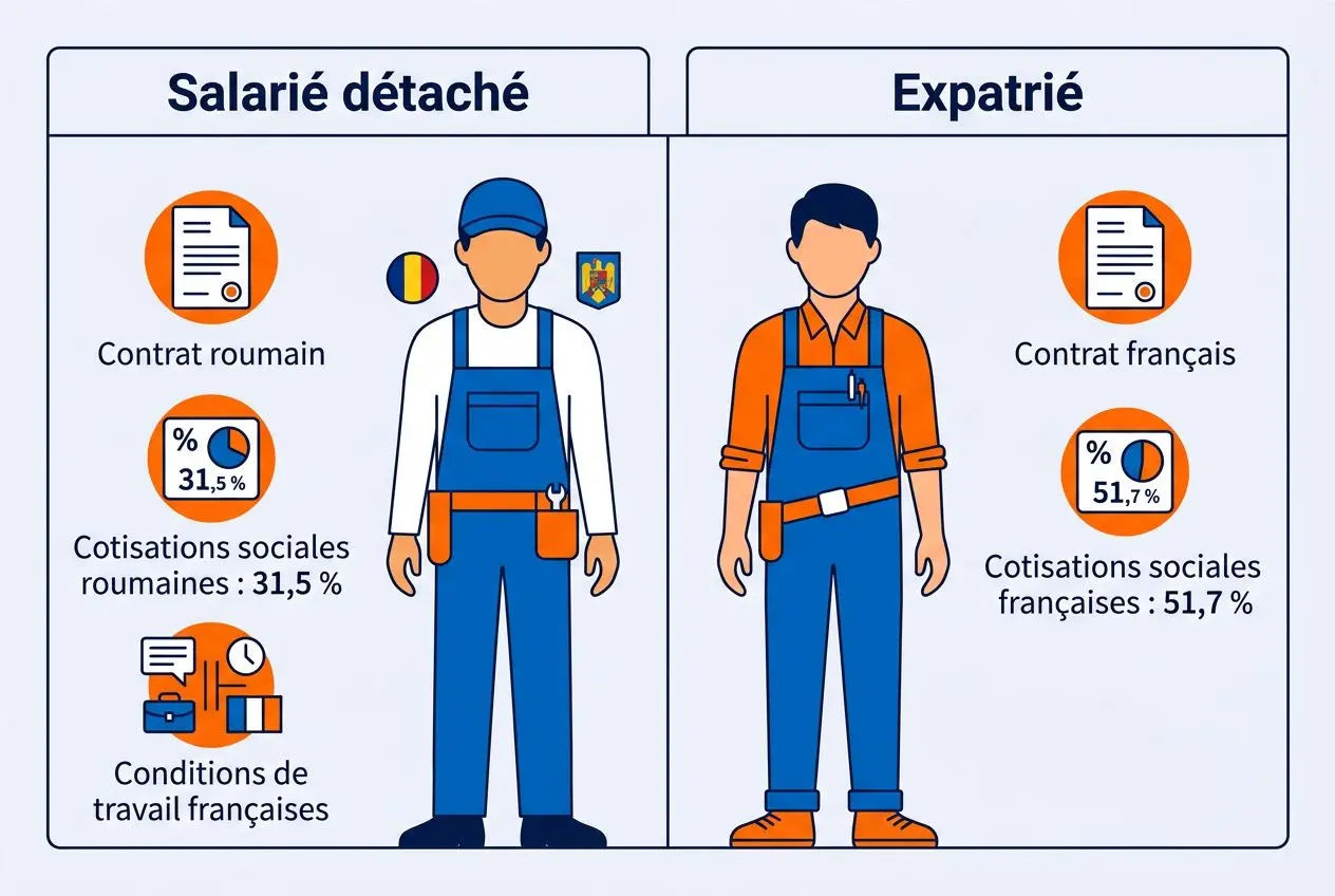 Diagramme comparant Salarié détaché et Expatrié: contrat roumain et cotisations 31,5% vs français 51,7%, conditions et formulaire A1. intégré: travailleurs détachés roumanie france.