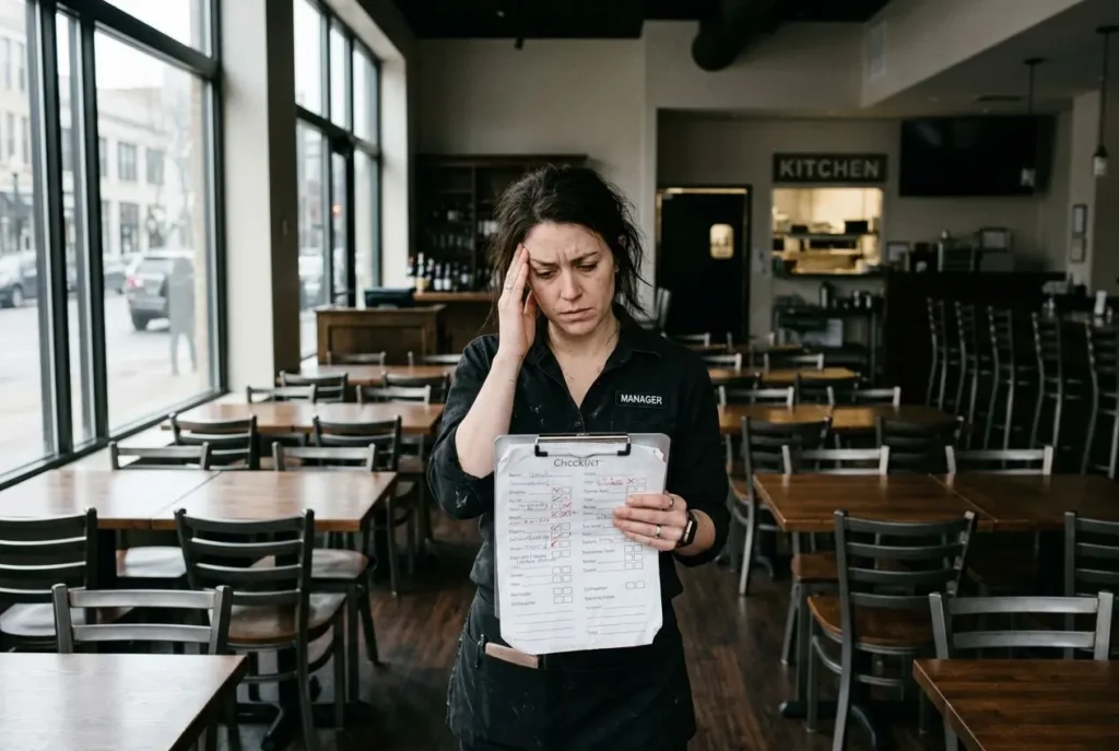Gestionnaire déprimée dans une salle vide de restaurant, tenant une fiche de contrôle et réfléchissant à son travail. pourquoi personne ne veut travailler en restauration