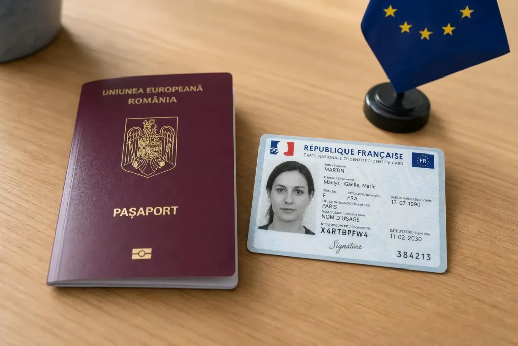 Passeport roumain et carte d'identité française sur fond de drapeau européen, symbolisant les droits des roumains en France.