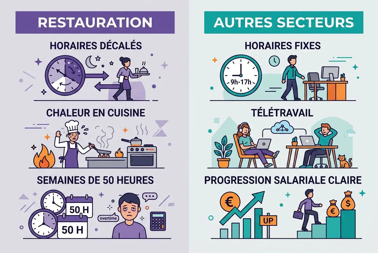 Pourquoi personne ne veut travailler en restauration : infographie contrastant les horaires décalés et les défis du secteur contre les postes en télétravail et progression salariale dans les autres secteurs.
