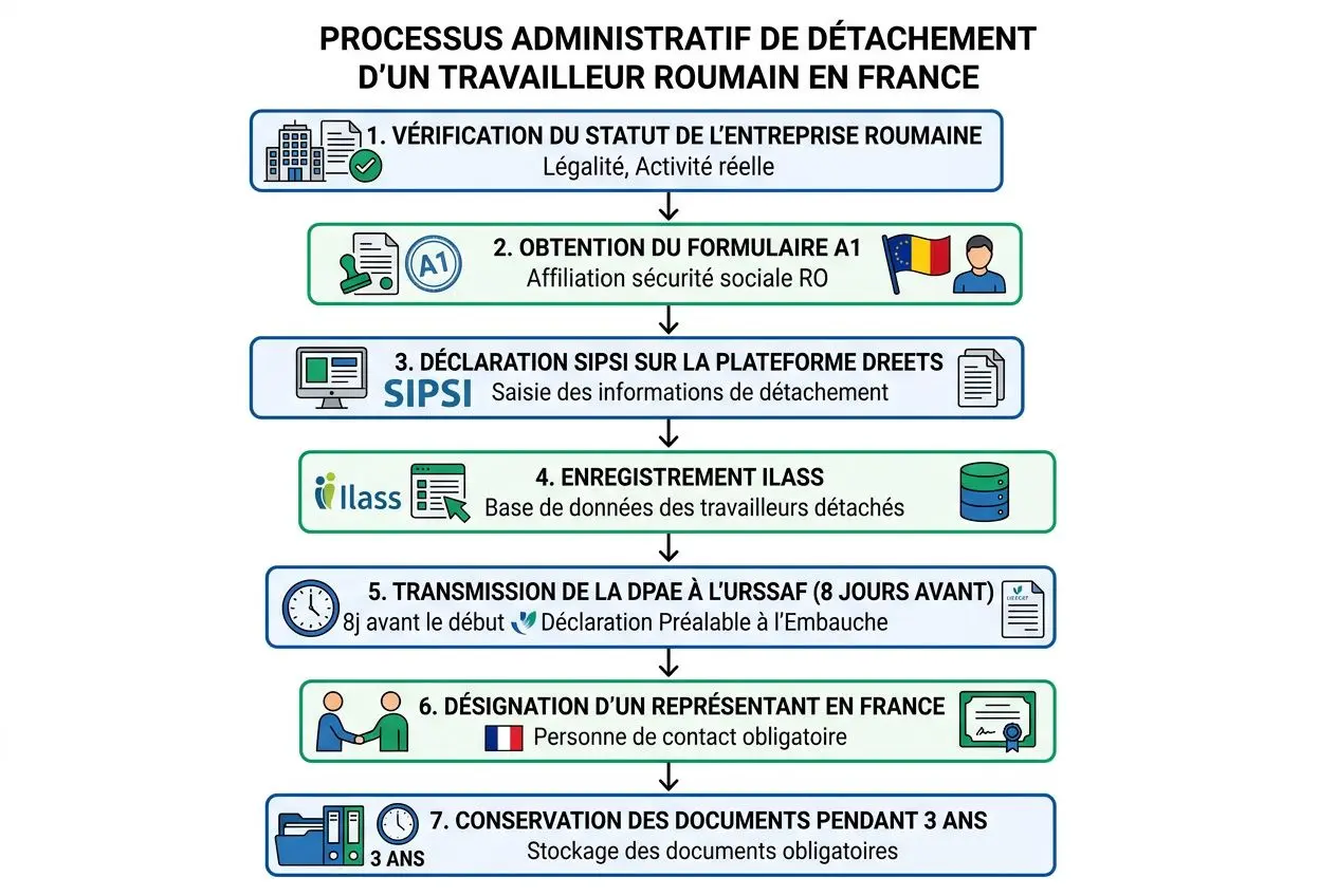 Processus administratif de détachement d'un travailleur roumain en France, étape par étape. Travailleur détachés Roumanie France, guide légal et démarches.