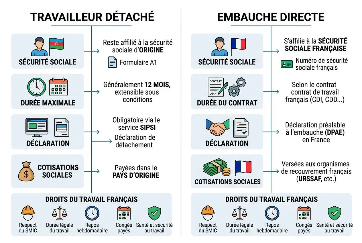 Processus d’accès au travail: illustration compare détaché et embauche directe avec sections Sécurité sociale, durée du contrat, déclaration, cotisations sociales et droits du travail français.タイトル: comment un roumain peut travailler en france.
