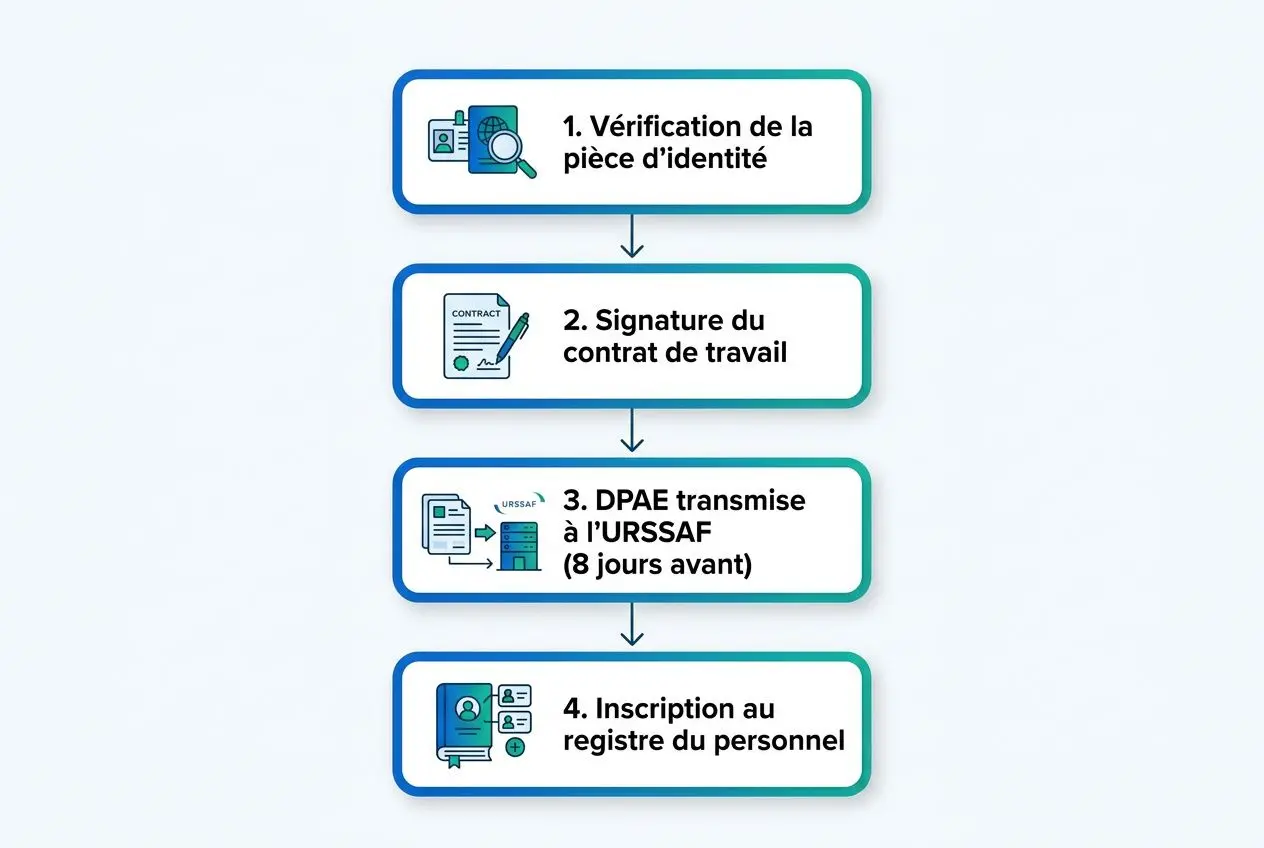 Processus en quatre étapes: vérification d’identité, signature du contrat, transmission DPAE 8 jours avant, then inscription au registre. Autorisation de travail pour un Roumain en France intégrée dans le contexte légal.