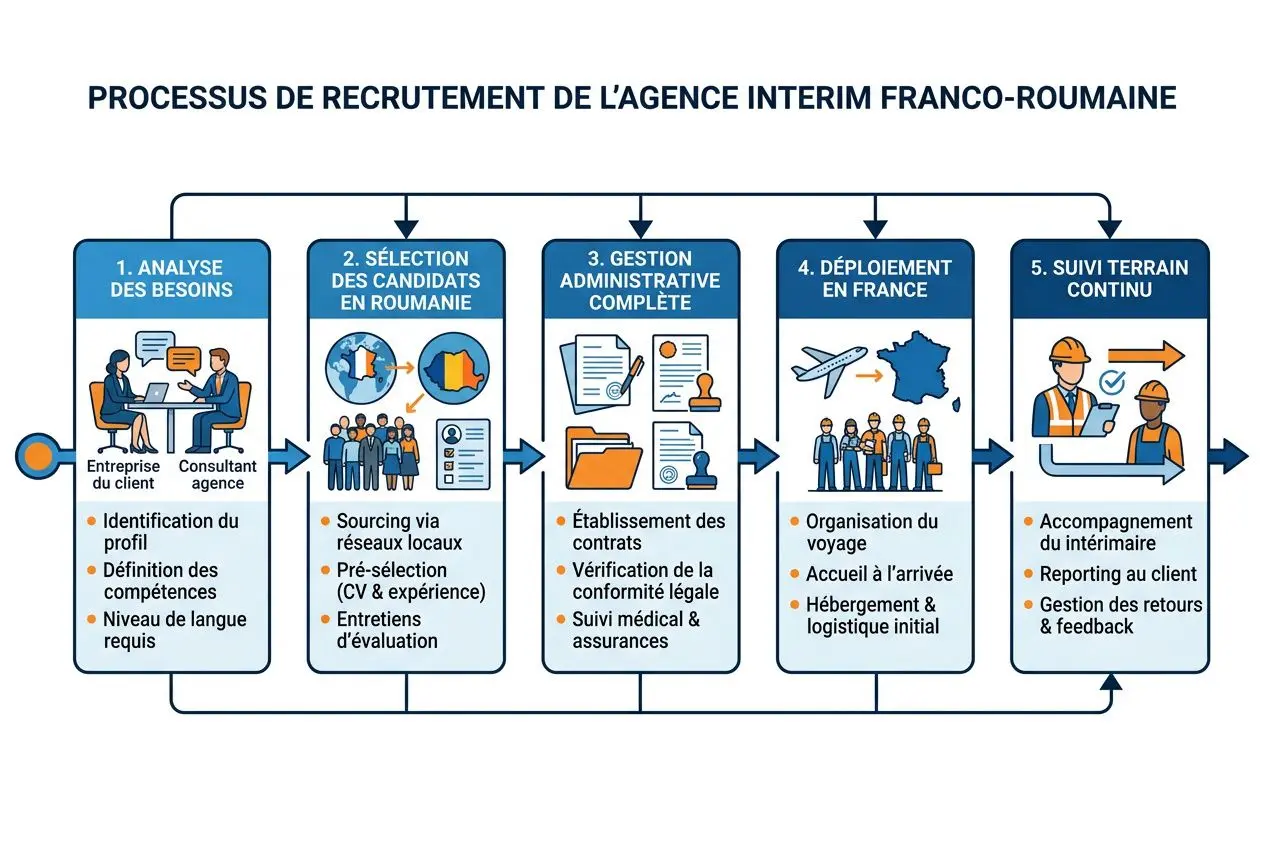 Processus de recrutement d’une agence intérim franco roumaine: analyse des besoins, sélection des candidats en Roumanie, gestion administrative complète, déploiement en France et suivi terrain continu.