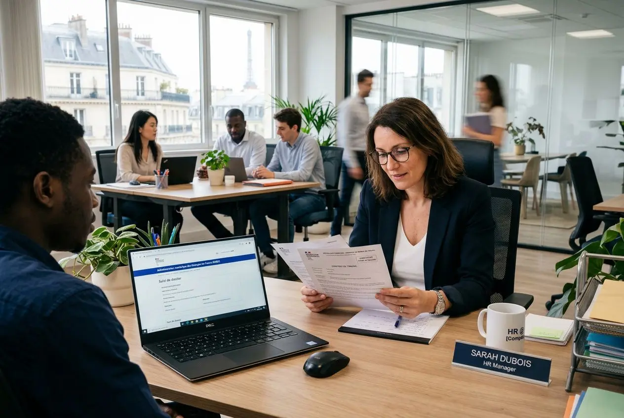 Professionnels en réunion d’accueil et d’intégration, une femme lit des documents à côté d’un salarié en bureau ouvert; un ordinateur portable et des notes sur le desk, ambiance collaborative. Intégration de main d'œuvre étrangère.