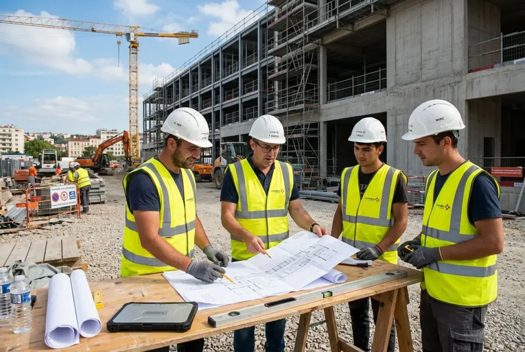Quatre travailleurs détachés roumains en vests jaune fluo et casques blancs examinent un plan sur un chantier de construction en France.