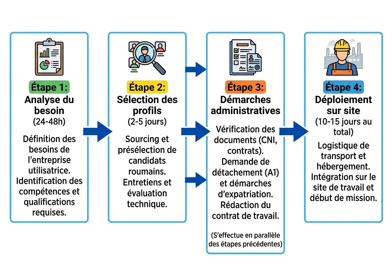 Schéma étape par étape sur l’agence détachement travailleurs européens: Analyse des besoins, sélection des profils, démarches administratives et déploiement sur site.
