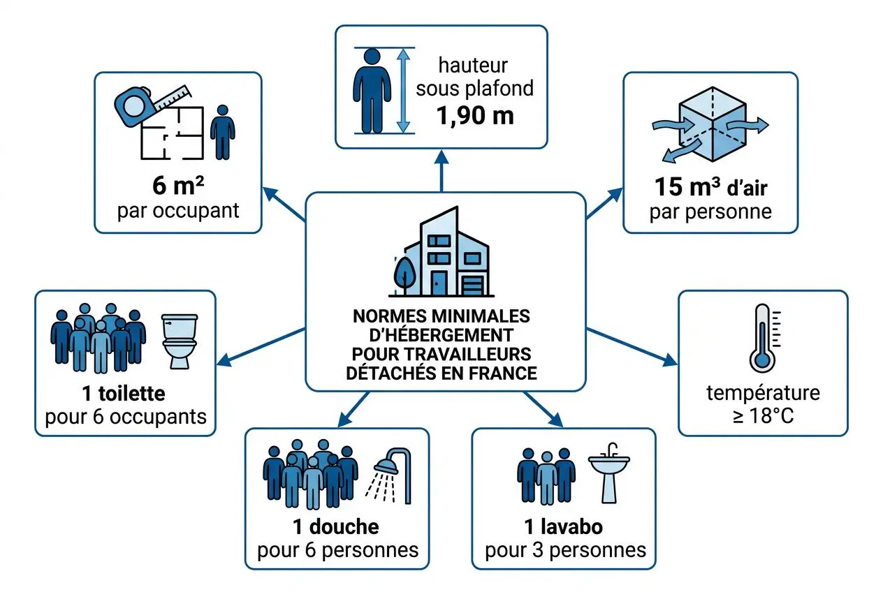 Schéma des normes minimales d’hébergement pour travailleurs détachés en France, montrant 6 m² par occup., 1,9 m sous plafond, 15 m³ d’air par pers., 18°C, 1 douche pour 6 pers., 1 lavabo pour 3 pers., 1 toilette pour 6 occup., 6 personnes max par chambre. hébergement travailleur détaché roumanie.