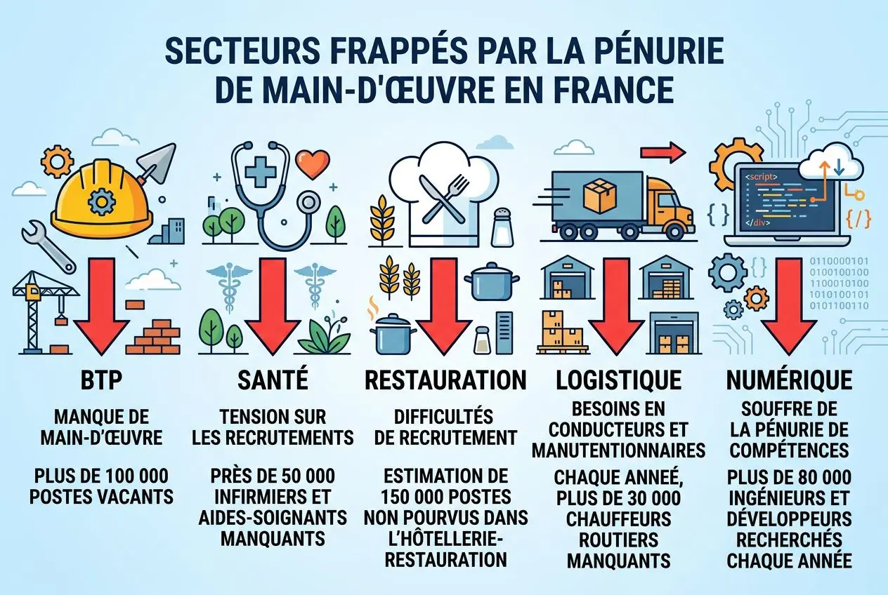 Secteurs frappés par la pénurie de main-d’œuvre en France: BTP, santé, restauration, logistique et numérique, avec des postes vacants et manques critiques. pénurie de main d'œuvre pourquoi