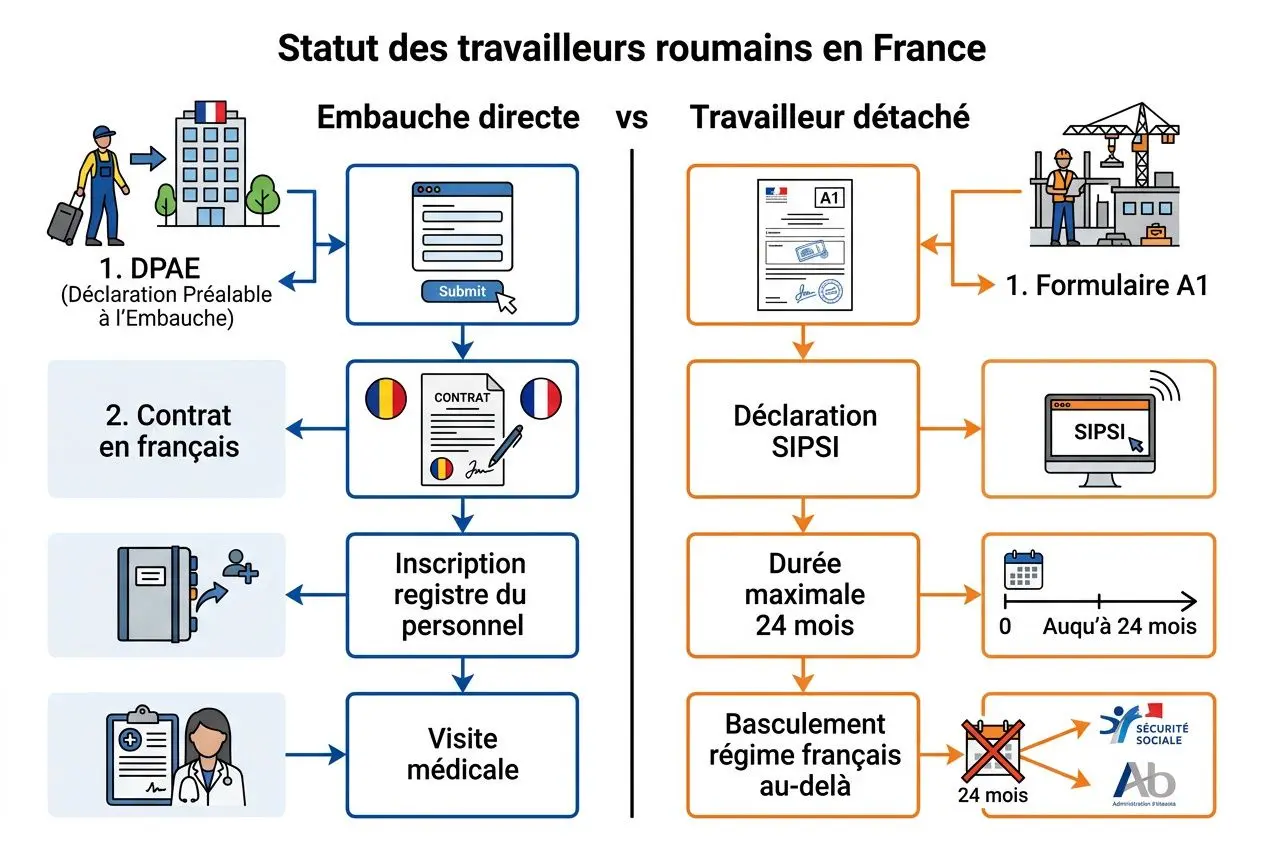 Statut des travailleurs roumains en France: comparaison Embauche directe vs Travailleur détaché, avec étapes et documents clés.