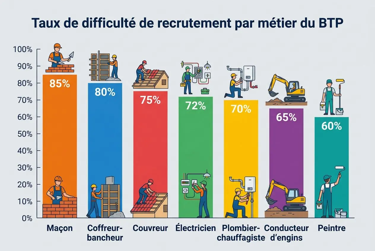 Taux de difficulté de recrutement par métier du BTP avec Maçon 85%, Coffreur-ban- cheur 80%, Couvreur 75%, Électricien 72%, Plombier-chauffagiste 70%, Conducteur d’engins 65%, Peintre 60%. secteur btp manque ouvriers.