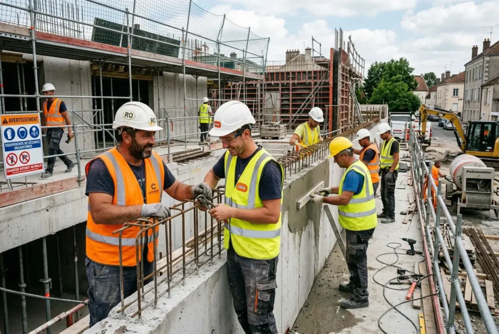 Travailleurs roumains sur un chantier de construction, posant ou ajustant des barres d’armature dans une maçonnerie en cours, avec casques et gilets de sécurité. secteurs emploi travailleurs roumains france.
