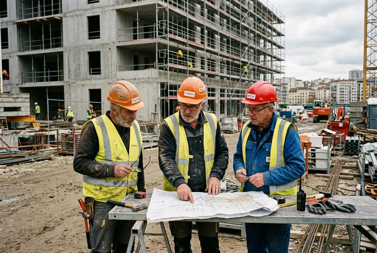 Trois ouvriers sur un chantier de construction examinent des plans à la table, entourés par des bâtiments en construction et des équipements de sécurité. - pénurie de main d'oeuvre pourquoi intégrée.