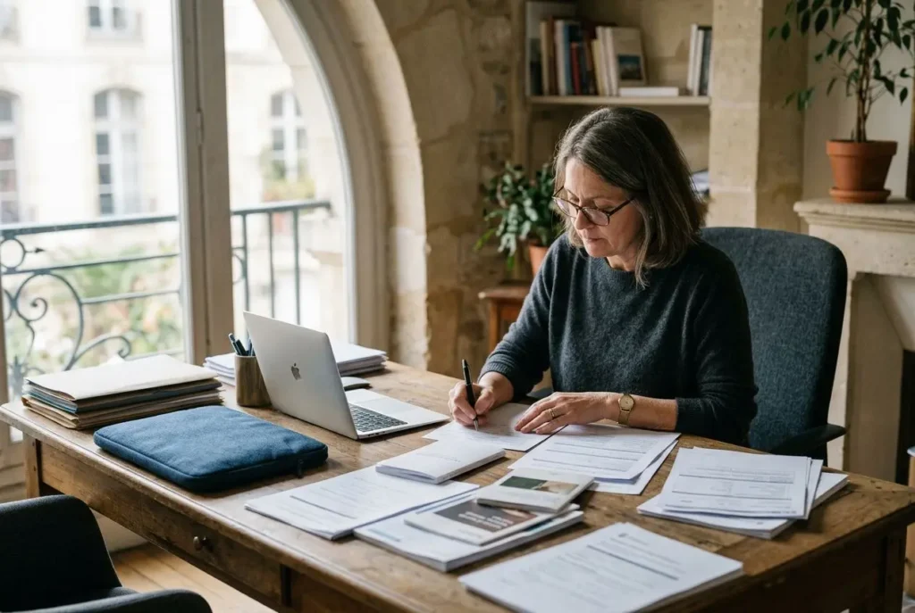 Administratrice travaillant à domicile, près d’un ordinateur portable et de dossiers, signe des documents. Règles du détachement de travailleurs.
