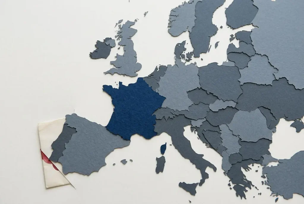Carte de l’Europe avec la France en bleu profond, morceau d’enveloppe marquant le contexte administratif des documents pour un travailleur étranger en france