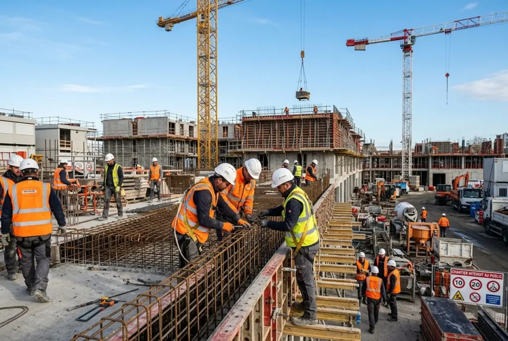 Chantier BTP animé avec travailleurs détachés secteur btp en jaune et orange, posé sur ferraillage et structures en béton sous ciel bleu.