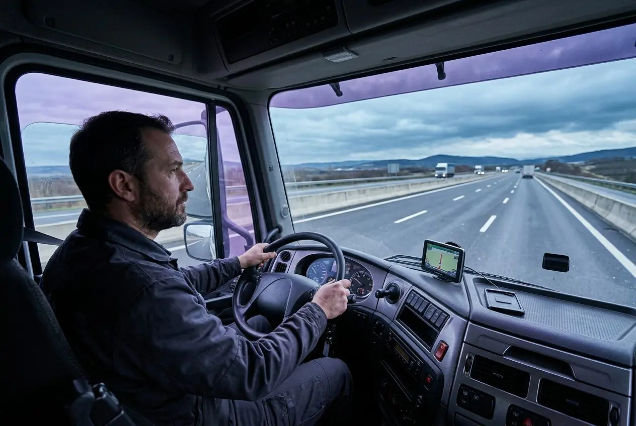 Conducteur routier dans le véhicule, appareil GPS et vue dégagée sur l’autoroute, prêt pour une mission d’intérim détaché logistique transport.