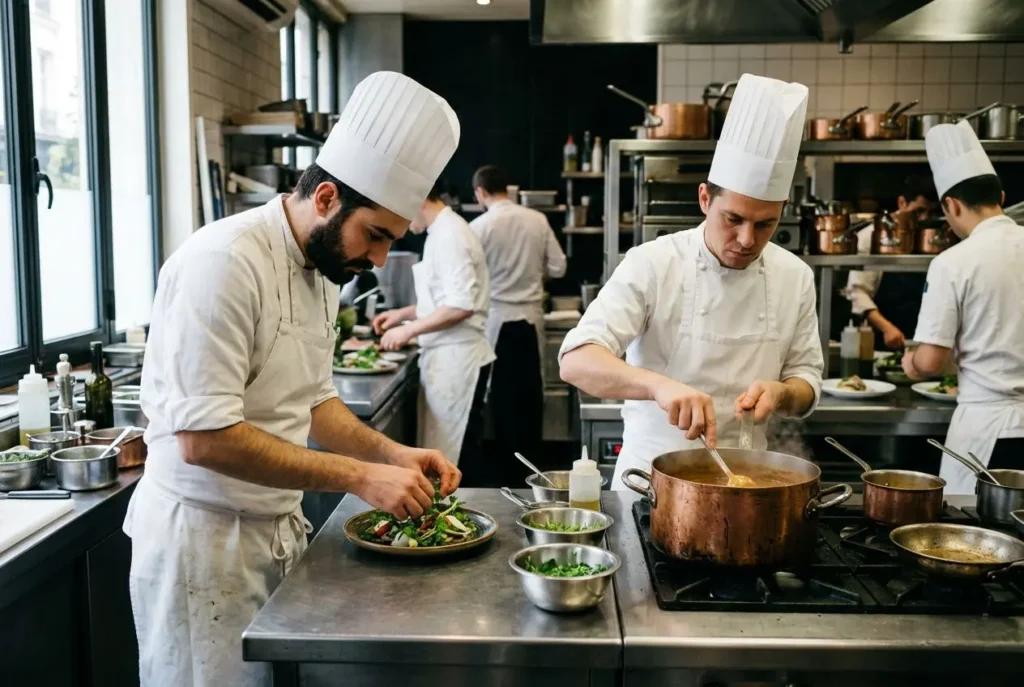 Deux chefs en toques blancs préparent des plats dans une cuisine professionnelle, entourés d’ustensiles et de casseroles. intérim restauration paris