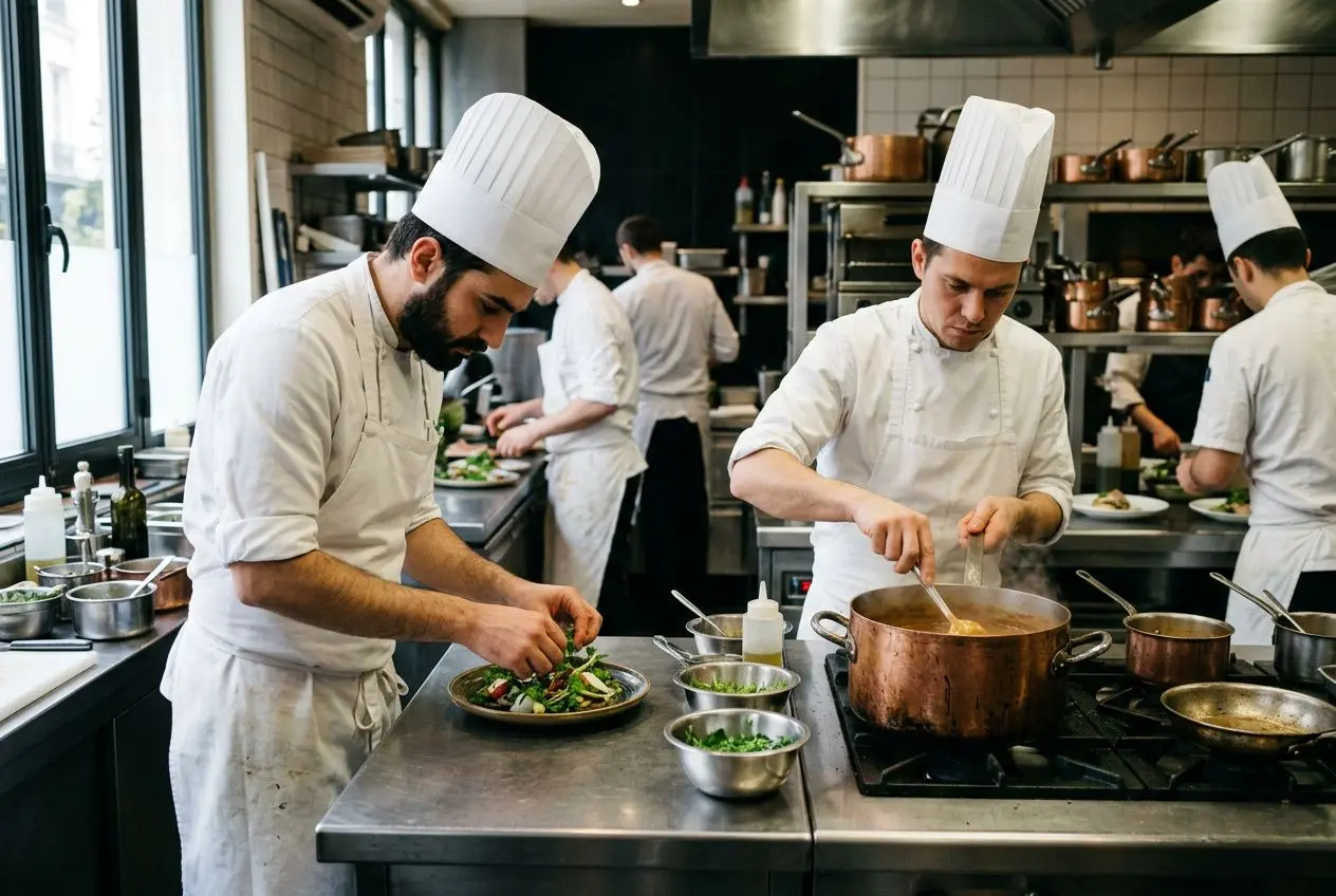 Deux chefs en toques blancs préparent des plats dans une cuisine professionnelle, entourés d’ustensiles et de casseroles. intérim restauration paris
