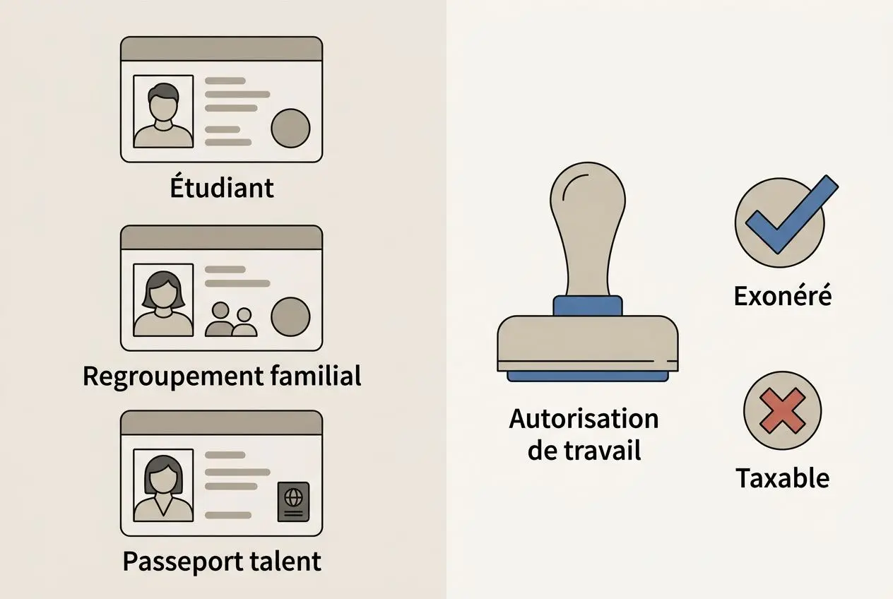 Étudiant, Regroupement familial et Passeport talent, avec tampon « Autorisation de travail » montrant Exonéré et Taxable pour le coût embauche travailleur étranger.