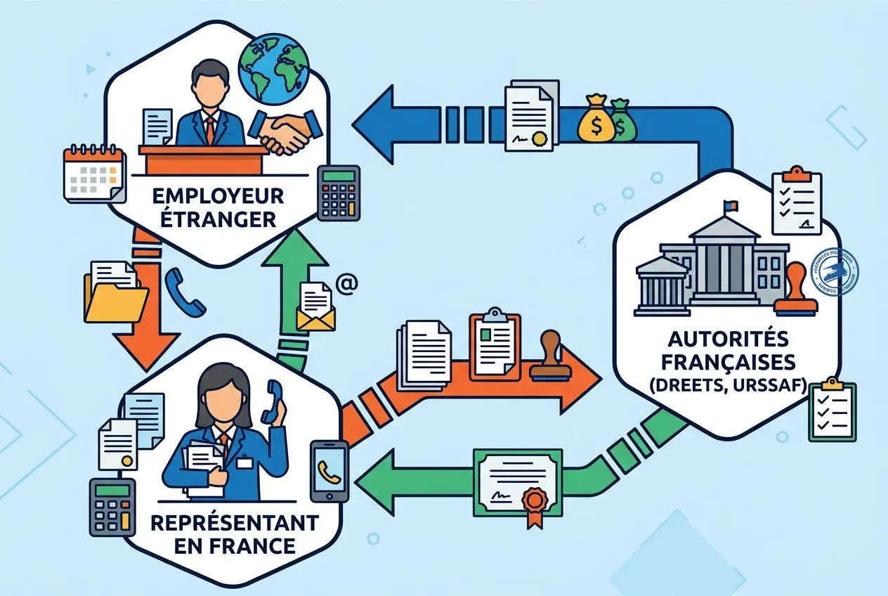 Formalités travail détaché : illustration montrant les échanges entre employeur étranger, représentant en France et autorités françaises avec documents et procédures.