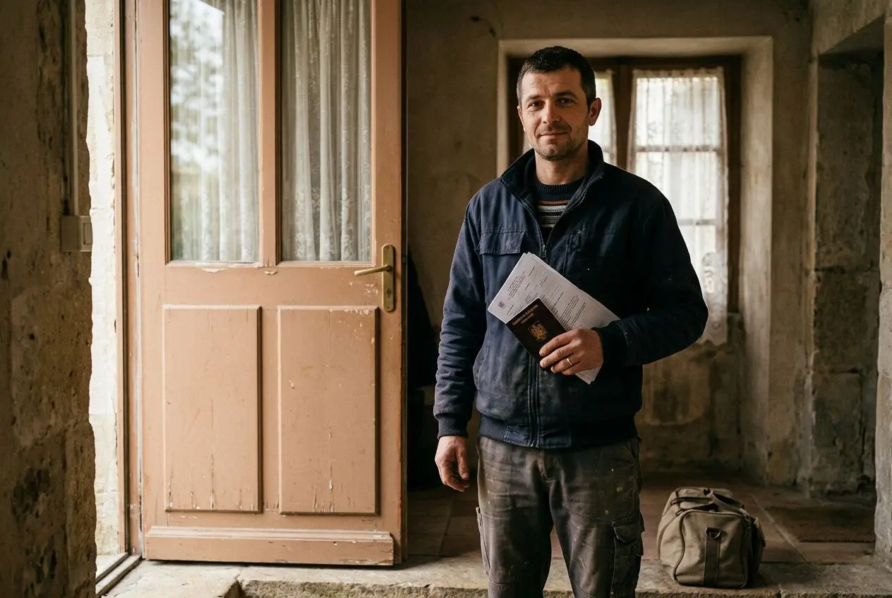 Homme debout dans une habitation en travaux, tenant des documents, près d’une porte entrouverte; sac à dos posé au sol. Hébergement travailleurs roumains france.